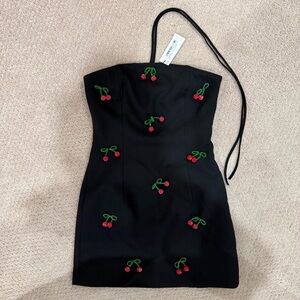 Nasty Gal Black Strapless Dress with Cherry Embroidery